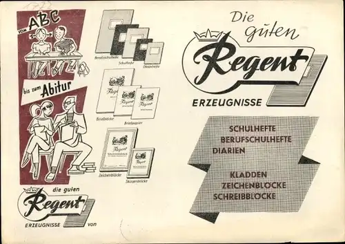 Stundenplan Regent Erzeugnisse Schulbedarf, vom ABC bis zum Abitur, Zeichenblöcke, Hefte um 1960