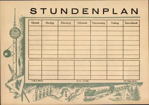 Stundenplan DDR Handwerk, Eisenbahn, Berliner Funkturm, Chemie um 1960