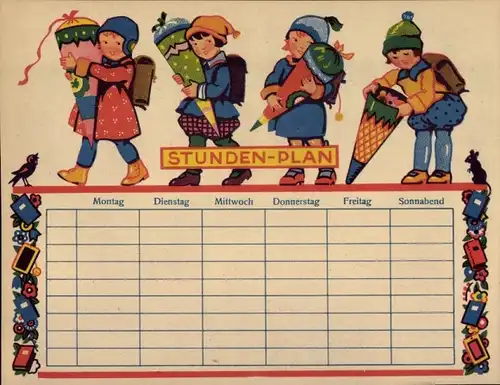 Stundenplan Kinder mit Schultüte, Schulanfang um 1960