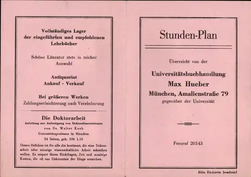 Stundenplan Universitätsbuchhandlung Max Hueber, Amalienstraße 79 München um 1960