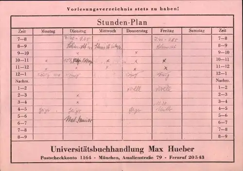 Stundenplan Universitätsbuchhandlung Max Hueber, Amalienstraße 79 München um 1960