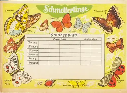 Stundenplan Schmetterlinge, Eisvogel, Apollo, Bläuling, Zitronenfalter um 1960