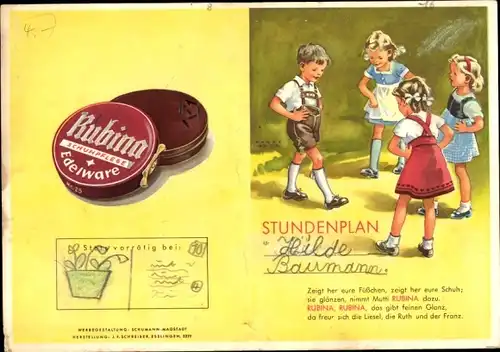 Stundenplan RUBINA Schuhpflege, Kinder in Trachten, Kinder beim Schuhe putzen um 1930