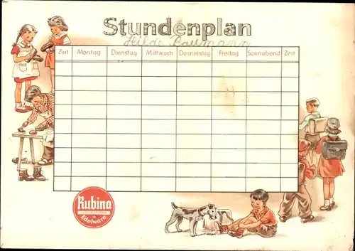 Stundenplan RUBINA Schuhpflege, Kinder in Trachten, Kinder beim Schuhe putzen um 1930