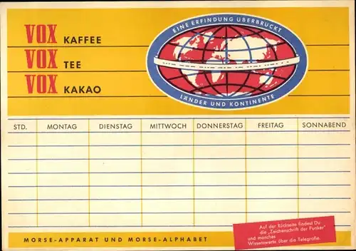 Stundenplan VOX Kaffee Tee Kakao, Morse-Alphabet und Morse-Apparat um 1960