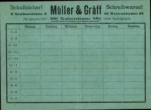 Stundenplan Müller & Gräff Schulbücher Schreibwaren, Kaiserstraße 80a, Karlsruhe um 1950