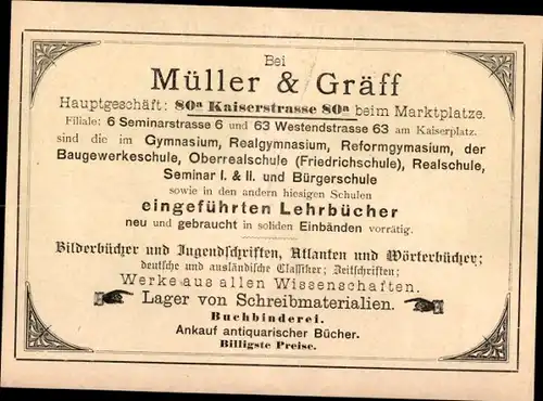 Stundenplan Müller & Gräff Schulbücher Schreibwaren, Kaiserstraße 80a, Karlsruhe um 1950