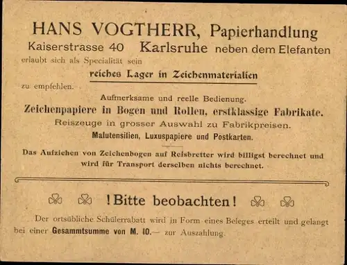 Stundenplan Hans Vogtherr Papierhandlung, Kaiserstraße 40, Karlsruhe um 1950