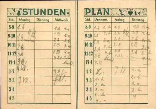 Stundenplan mit Merkblatt, Österreich, ABC Schulkind um 1950