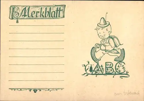 Stundenplan mit Merkblatt, Österreich, ABC Schulkind um 1950