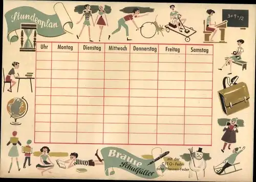Stundenplan Brause Schulfüller, Groß- und Kleinschreibung, Kinder in der Schule um 1960