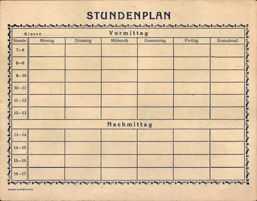 Stundenplan, Einteilung Vormittag uns Nachmittag um 1950