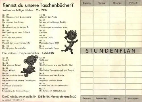 Stundenplan DDR Der Kinderbuchverlag Berlin, Bücher sind deine Freunde um 1970
