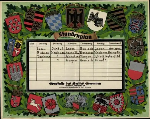 Stundenplan Kreissparkasse Stormarn in Hamburg Wandsbek - Wappen Hamburg Schleswig-Holstein um 1930