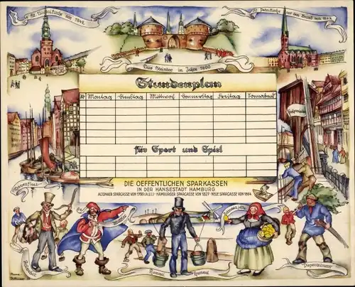 Stundenplan Öffentliche Sparkassen Hamburg, Hamburger Typen, Speicherstadt, Kirchen um 1930