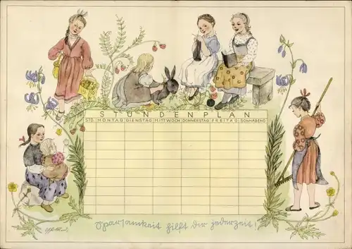 Stundenplan Sparkassen Verlag, Mädchen helfen im Haushalt, Künstlerplan um 1930