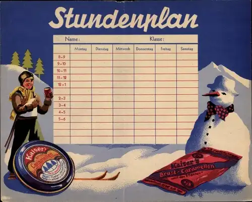 Stundenplan Reklame Kaiser's Brust Caramellen, Blechdose, Schneemann, Ski um 1930