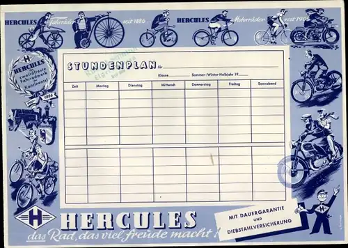 Stundenplan Reklame Hercules Fahrräder, Motorräder seit 1886 um 1950