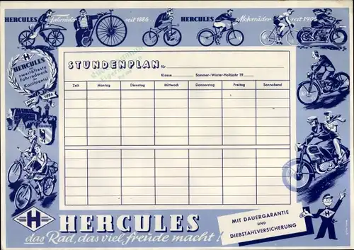 Stundenplan Reklame Hercules Fahrräder, Motorräder seit 1886 um 1950