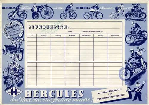 Stundenplan Reklame Hercules Fahrräder, Motorräder seit 1886 um 1950