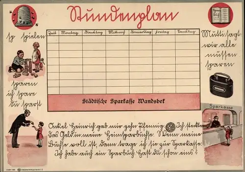 Stundenplan Städtische Sparkasse Wandsbek, Hamburg, Kinder sparen, Spardose um 1920