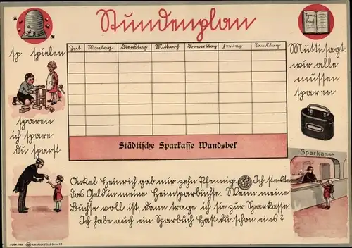 Stundenplan Städtische Sparkasse Wandsbek, Hamburg, Kinder sparen, Spardose um 1920