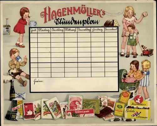 Stundenplan Hagenmüller Nahrungsmittel, Mate Tee, Backpulver, Aromen, Verpackungen um 1930