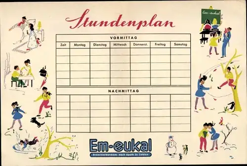 Stundenplan Em-eukal Bronchialbonbons - spielende Kinder Schule Schneemann um 1960