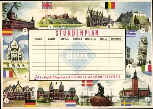 Stundenplan BIOX-Ultra Sauerstoff-Zahnpasta - Europäische Sehenswürdigkeiten um 1960