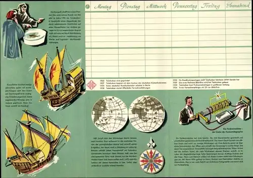 Stundenplan Telefunken, Funkpeilung auf See, Segelschiffe, SOS auf hoher See um 1960