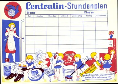 Stundenplan Centralin Bodenpflege Schuhpflege Möbelpflege - putzende Kinder um 1950