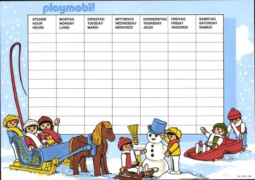 Stundenplan Playmobil 80-er Jahre, Sport Surfen Tauchen, Winter Rodeln Schneemann Kutsche