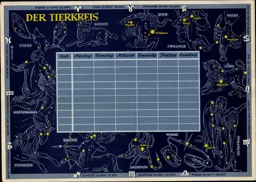 Stundenplan DDR Sparkasse Der Tierkreis, Sternzeichen um 1960