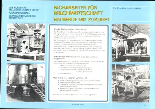 Stundenplan DDR VEB Kombinat Milchwirtschaft Erfurt, Kaderabteilung, Meierei um 1980