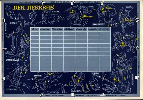 Stundenplan DDR Sparkasse Der Tierkreis, Sternzeichen um 1960