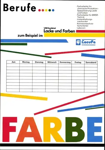 Stundenplan DDR VEB Lacke und Farben, Lacufe, Berufe, Farbe um 1970