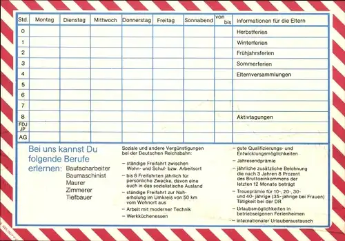 Stundenplan DDR Deutsche Reichsbahn, Berufe bei der Reichsbahnbaudirektion um 1980