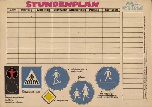 Stundenplan DDR Präsidium der Volkspolizei Berlin, Verkehrserziehung, Straßenschilder um 1970
