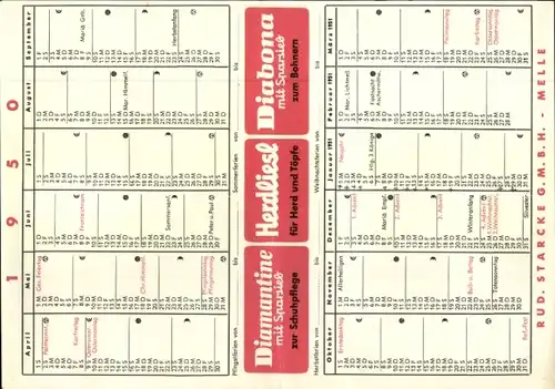 Stundenplan Diamantine Schuhpflege, Diabona Bohnerwachs, Herdliesl für Herd und Töpfe um 1960