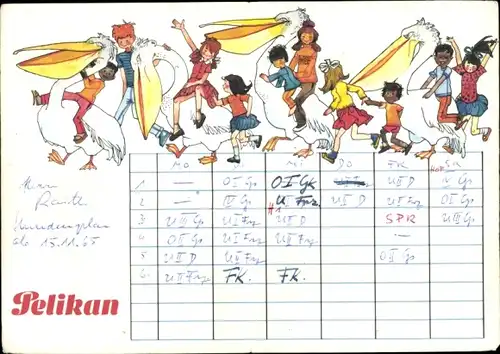 Stundenplan Pelikan Tuschkasten, Tinte, Rediergummi, Kinder spielen mit Pelikanen um 1960