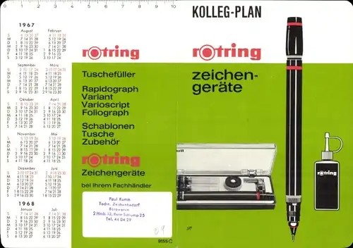 Stundenplan Rotring Zeichengeräte, Paul Kumm, Schlumpf 25 Hamburg Eimsbüttel, Kalender 1967