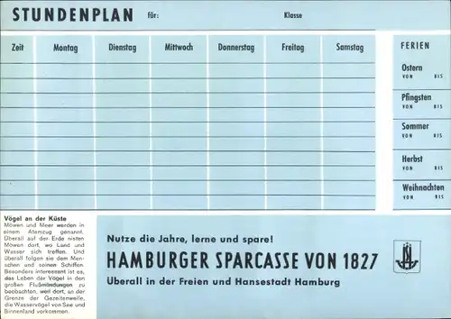 Stundenplan Hamburger Sparkasse von 1827, Vögel der Küste, Silbermöwe, Eiderente um 1960