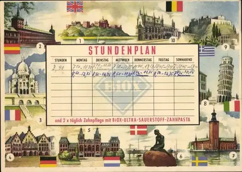 Stundenplan BIOX-Ultra Sauerstoff-Zahnpasta - Europäische Sehenswürdigkeiten um 1960