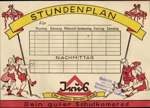 Stundenplan Qualitätsschuh, Knaben- und Mädchenschuhe, Der stabile Kinder-Schuh um 1930