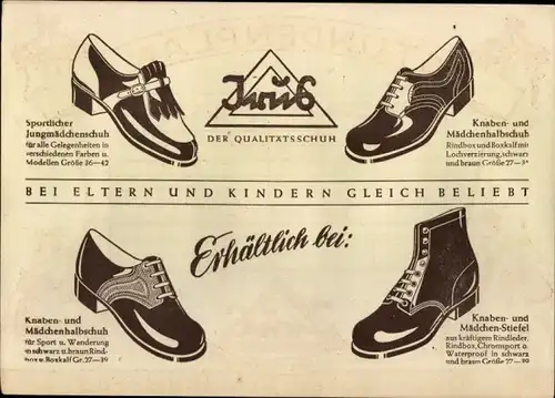 Stundenplan Qualitätsschuh, Knaben- und Mädchenschuhe, Der stabile Kinder-Schuh um 1930