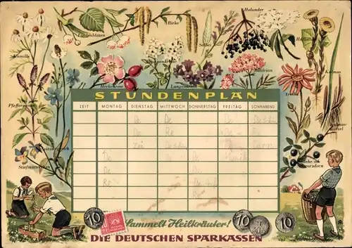 Stundenplan DDR Die deutschen Sparkassen, Heilkräuter und Heilpflanzen, Briefmarke Münze um 1960