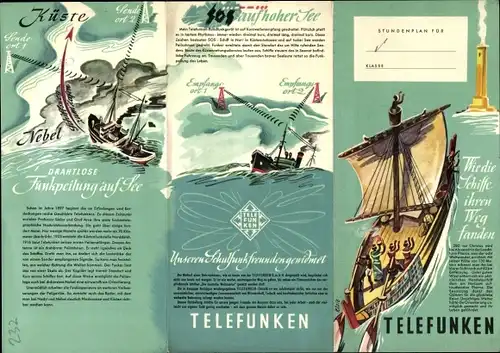 Stundenplan Telefunken, Funkpeilung auf See, Segelschiffe, SOS auf hoher See um 1960