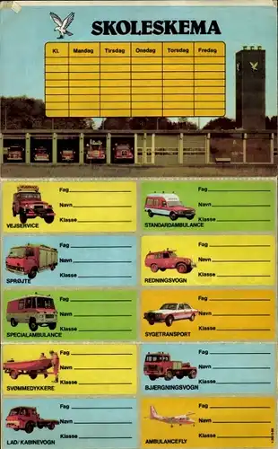 Stundenplan Aufkleber FALCK Rettungsdienst Dänemark, verschiedene Einsatzfahrzeuge um1970