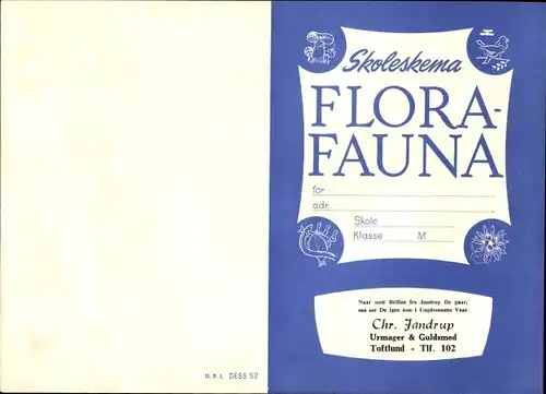 Stundenplan Optiker Uhrmacher Chr. Jandrup Toftlund Dänemark - Flora-Fauna Wildblumen um 1950