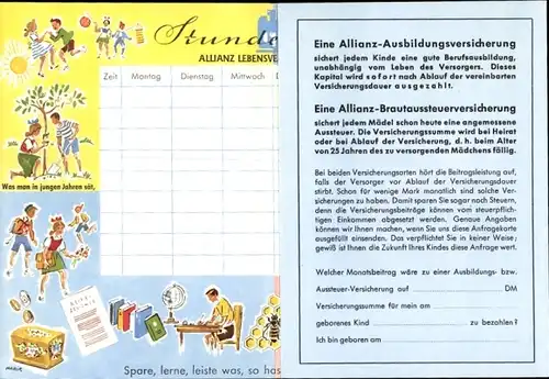 Stundenplan Allianz Versicherung, Ausbildungsberufe, spare lerne leiste, um 1960